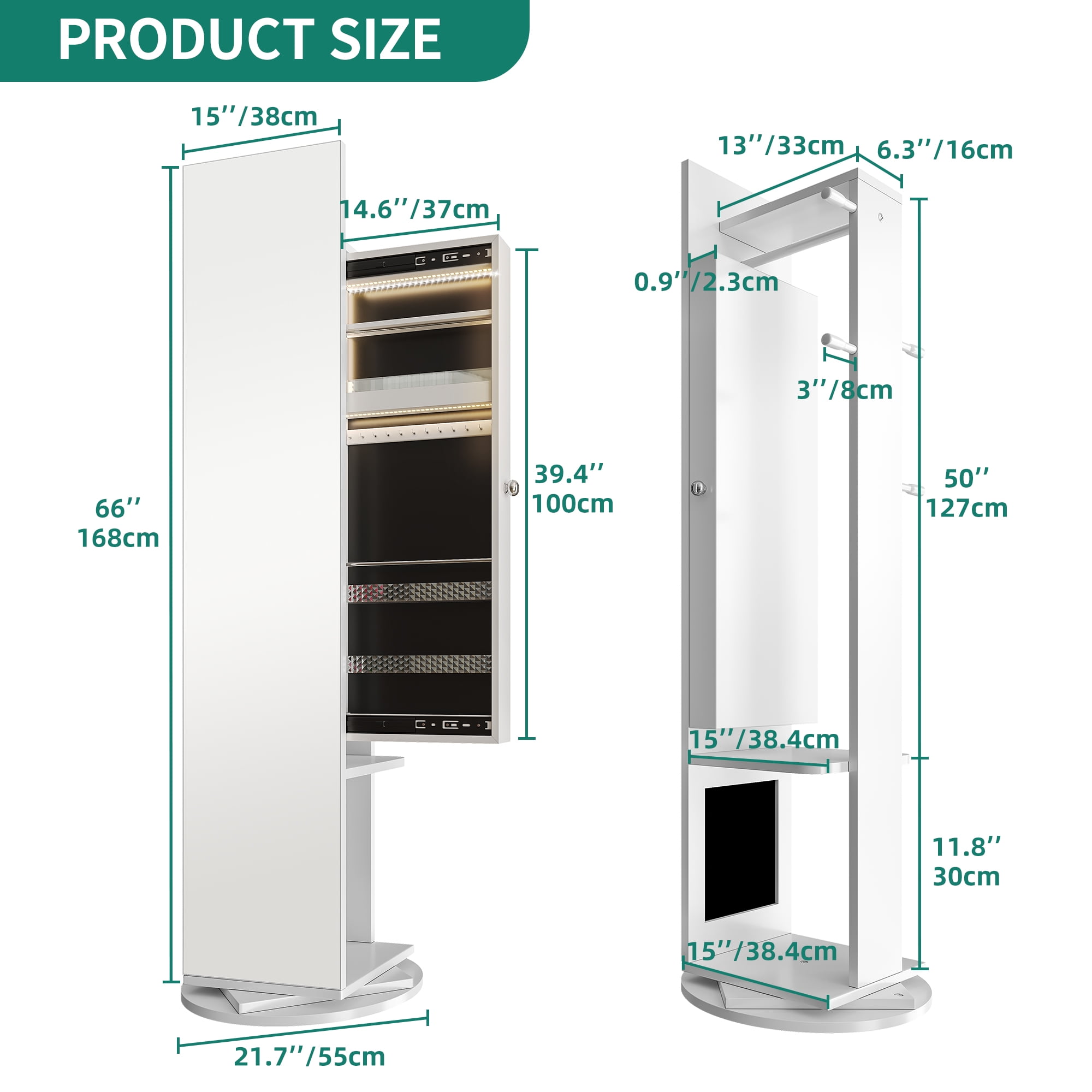 Dextrus 360° Swivel Side Opening Jewelry Armoire with Full Length Mirror, Jewelry Organizer Armoire, Floor Standing Lockable Jewelry Armoire, Rear Storage Shelf, White