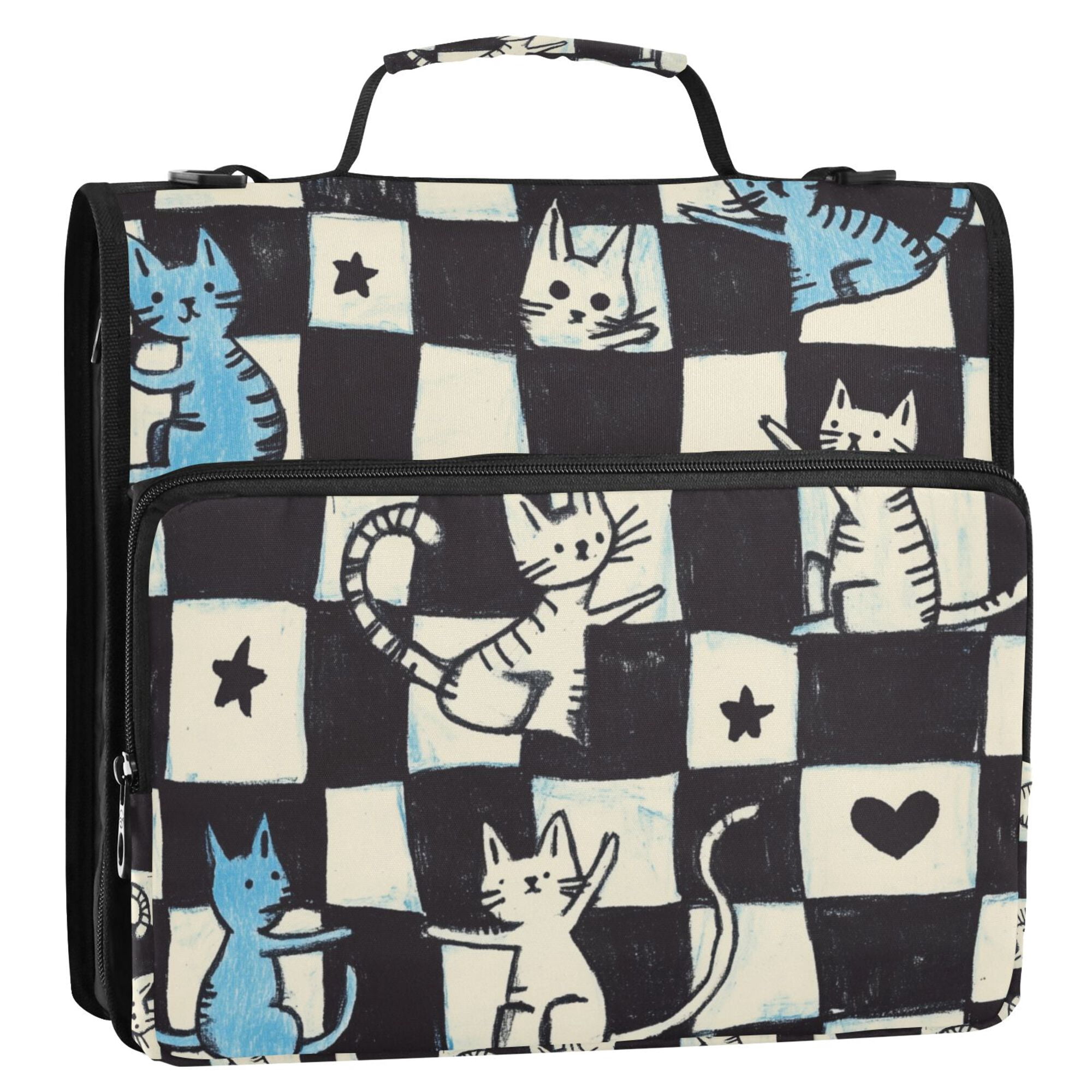 FORMRS Zipper Binder with Shoulder Strap 2-inch Ring 500 Sheet Capacity File Bag, Blue and White Cat