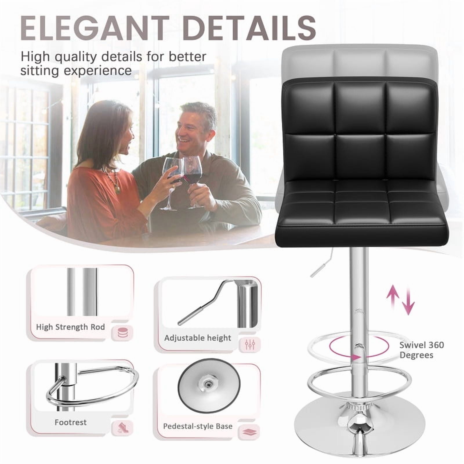 Homall Bar Stools Set of 2 Modern PU Leather Hydraulic Kitchen Counter Square Island Height Adjustable Swivel Barstool with Back, Black
