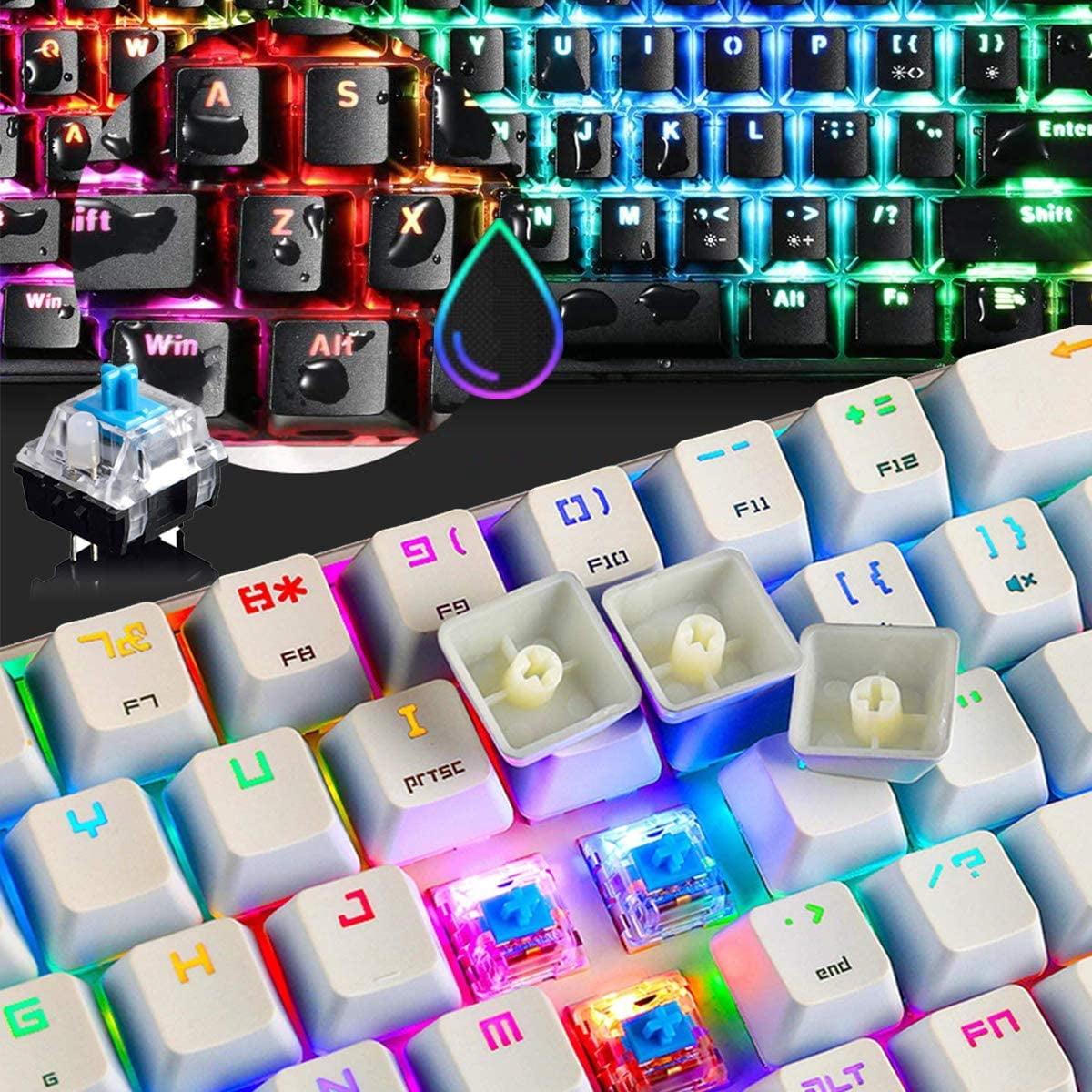 60% Wired Mechanical Gaming Keyboard, Blue Switch Mini 68 Keys Wired Type C 18 Backlit Effects,Lightweight RGB 6400DPI Honeycomb Optical Mouse,Gaming Mouse pad for Gamers and Typists (White)