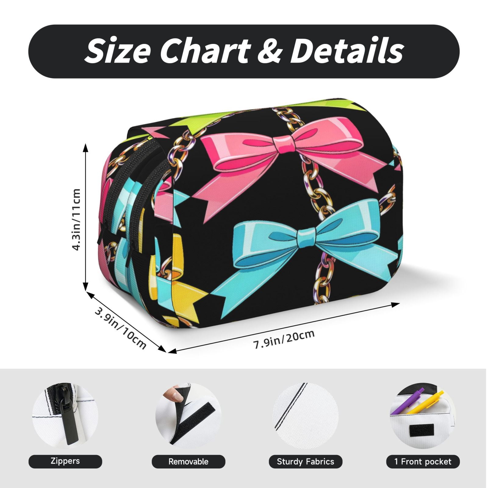 Large-Capacity Flip-Top Double-Layer Pencil Case, Multi-Functional Pocket Pen Case, Durable Stationery Organizer Colorful Bow Chain