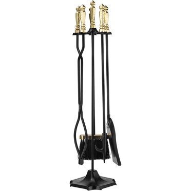 CIPACHO 5 Piece Metal Fireplace Tools Set With Brush Broom Poker Shovel Tongs And Stand For Indoor Or Outdoor Black
