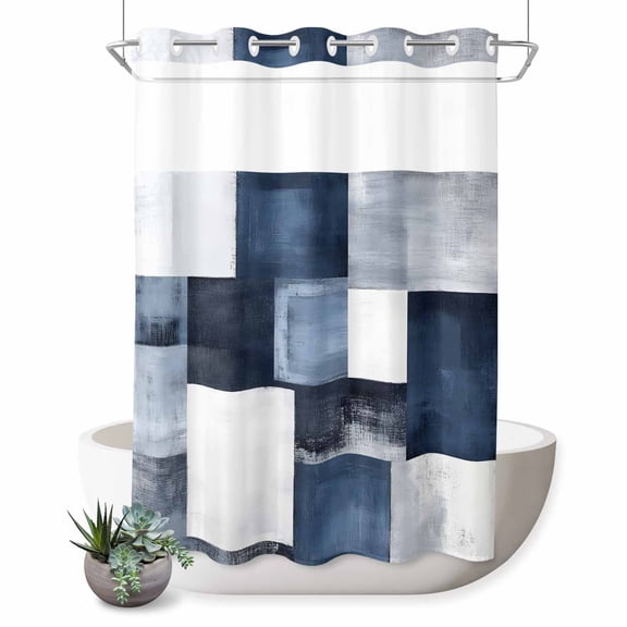 No Hook Shower Curtain with Built-in Rings - Navy Blue Grey Washable Waterproof Fabric Bathroom Curtains for Hotel,Rentals, 60 X 72 Inch Long , Ombre Modern Abstract Art