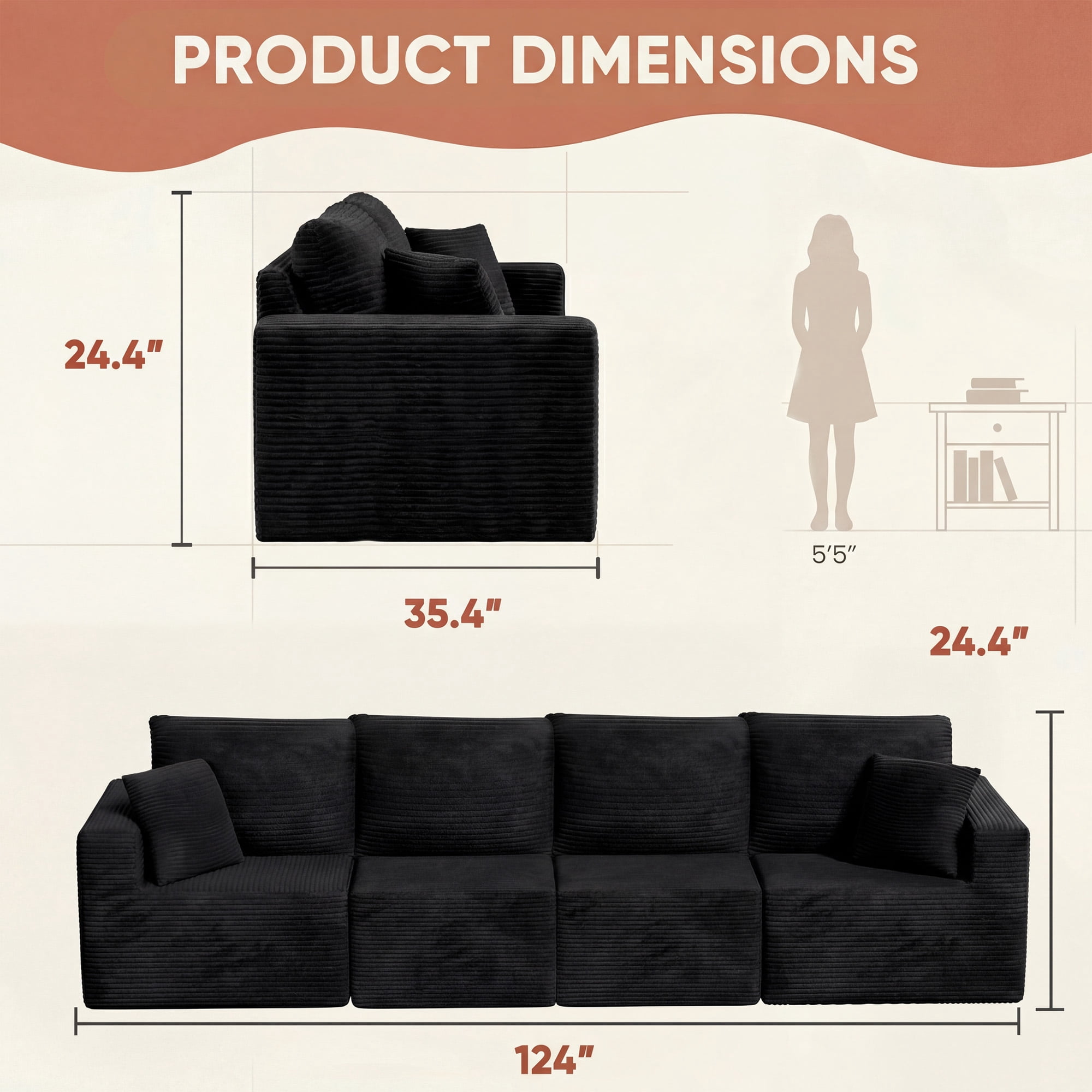 Homall 4-Seat Modular Corduroy Sofa, Sectional Couch with Convertible Modules, Modern Minimalist Sofa Set for Living Room, Freely Combinable Sofa Furniture, Black