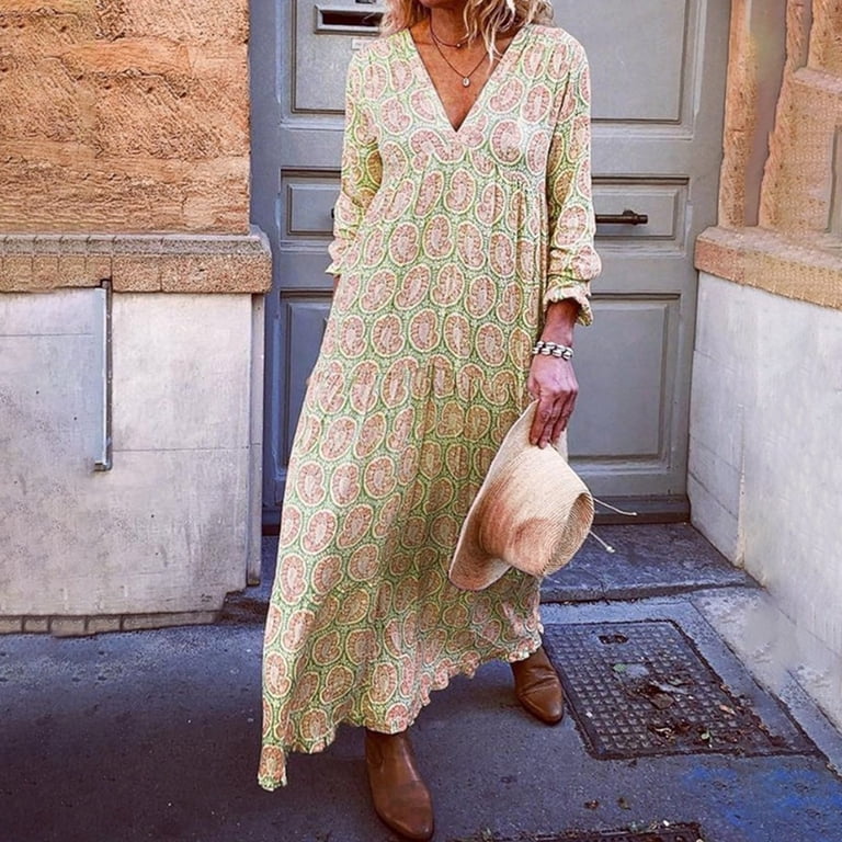 Fshinging Formal Dresses For Women Floral Print Maxi Sexy V Neck Long  Sleeve Loose Fit Elegant Casual Floor Length Gown Holiday Dress -  Walmart.com