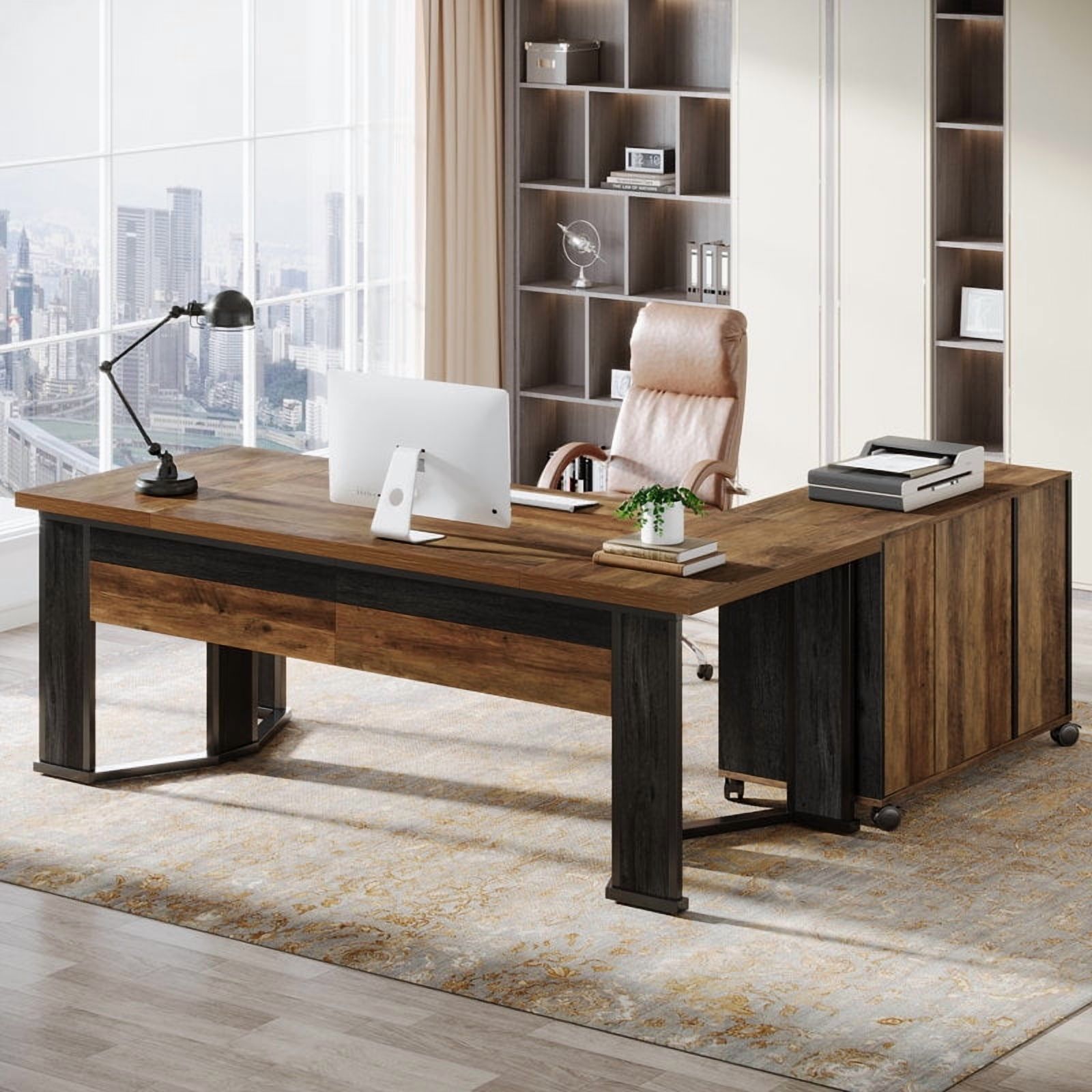 Tribesigns 70.86" L Shaped Executive Desk with Mobile File Cabinet, 2 Drawers and Storage Shelves for Home Office, Brown