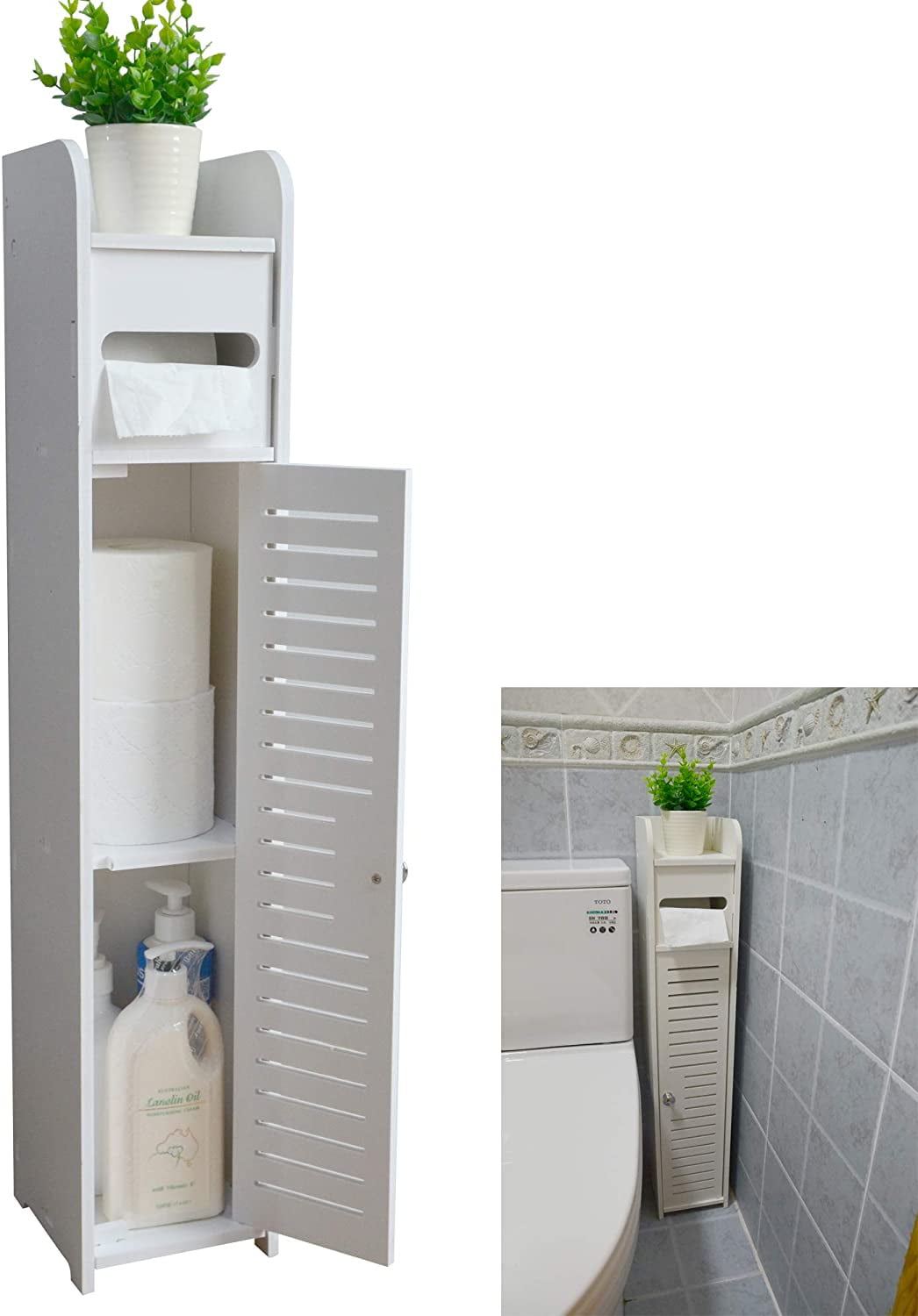 Wood Narrow Bathroom Storage Cabinet Toilet Paper Holder Tissue Slim Stand Door 