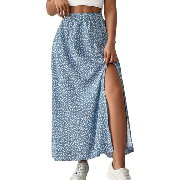 WRKEKC Flowy Skirts for Women Floral Print Side Split High Waist A Line Midi Skirt with Flowy Georgette
