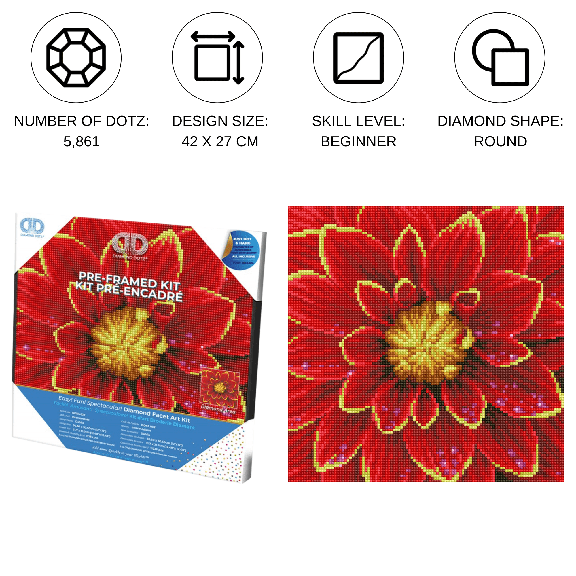 Diamond Dotz Dahlia with Frame Flower Diamond Painting Kits for Adults - Diamond Art Kits a Relaxing Creative Craft Kit with Dotz Gems 12"x12"