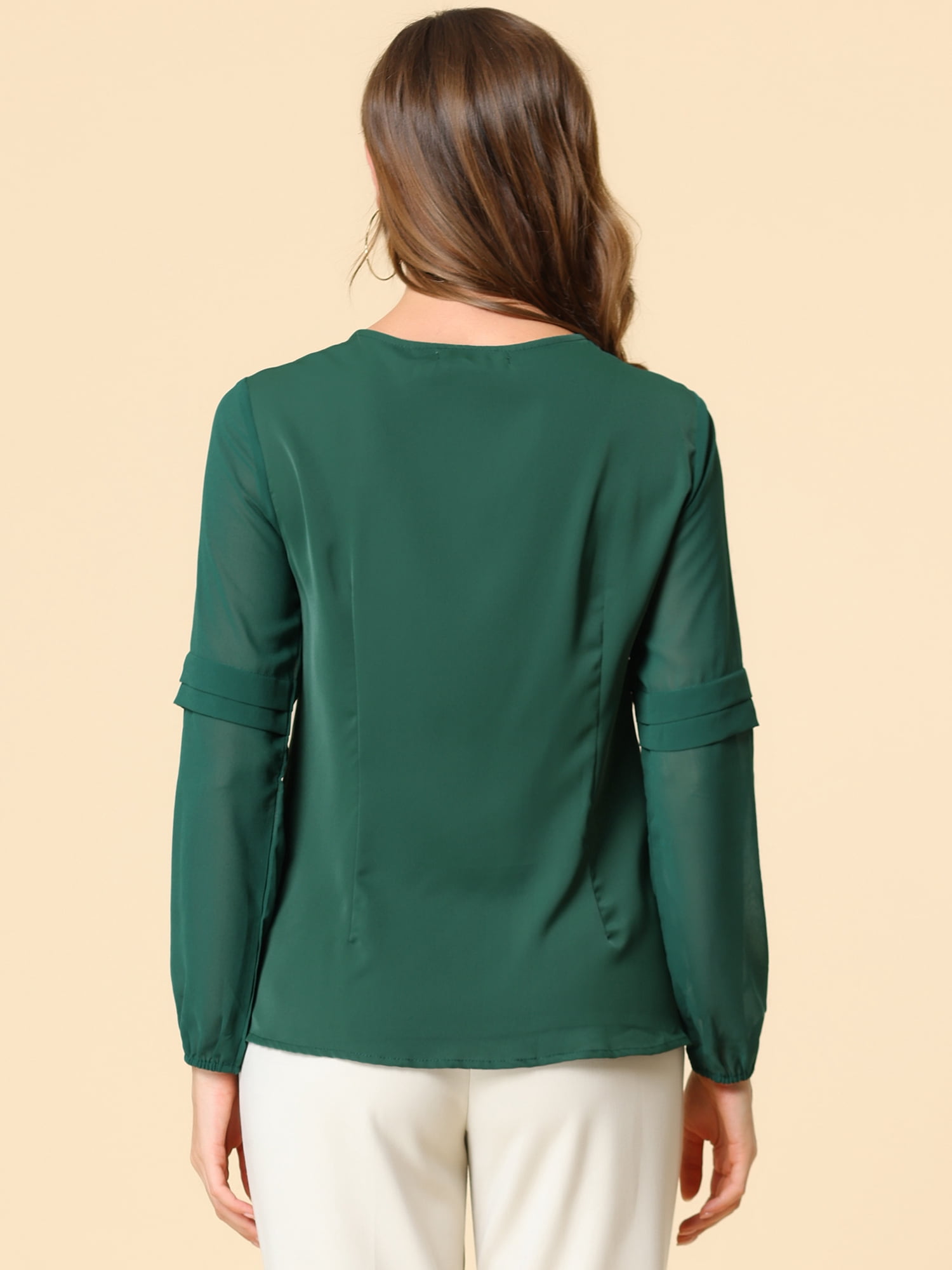 DARING DIVA Chiffon Semi Sheer Long Sleeves Keyhole Neck Blouse XS Dark Green