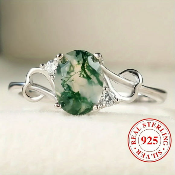 CNKOO High Quality 925 Sterling Silver Moss Agate Engagement/Wedding Ring for Brides - Unique Grain of Stone - 1.9g