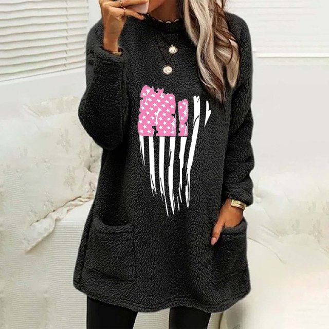 Jsaierl T-Shirts Cancer du Sein pour Femmes Hiver Longs Hauts en Polaire Duveteuse Mode Graphique Blouses Chaudes Manches Longues Col Rond Pull avec Poches