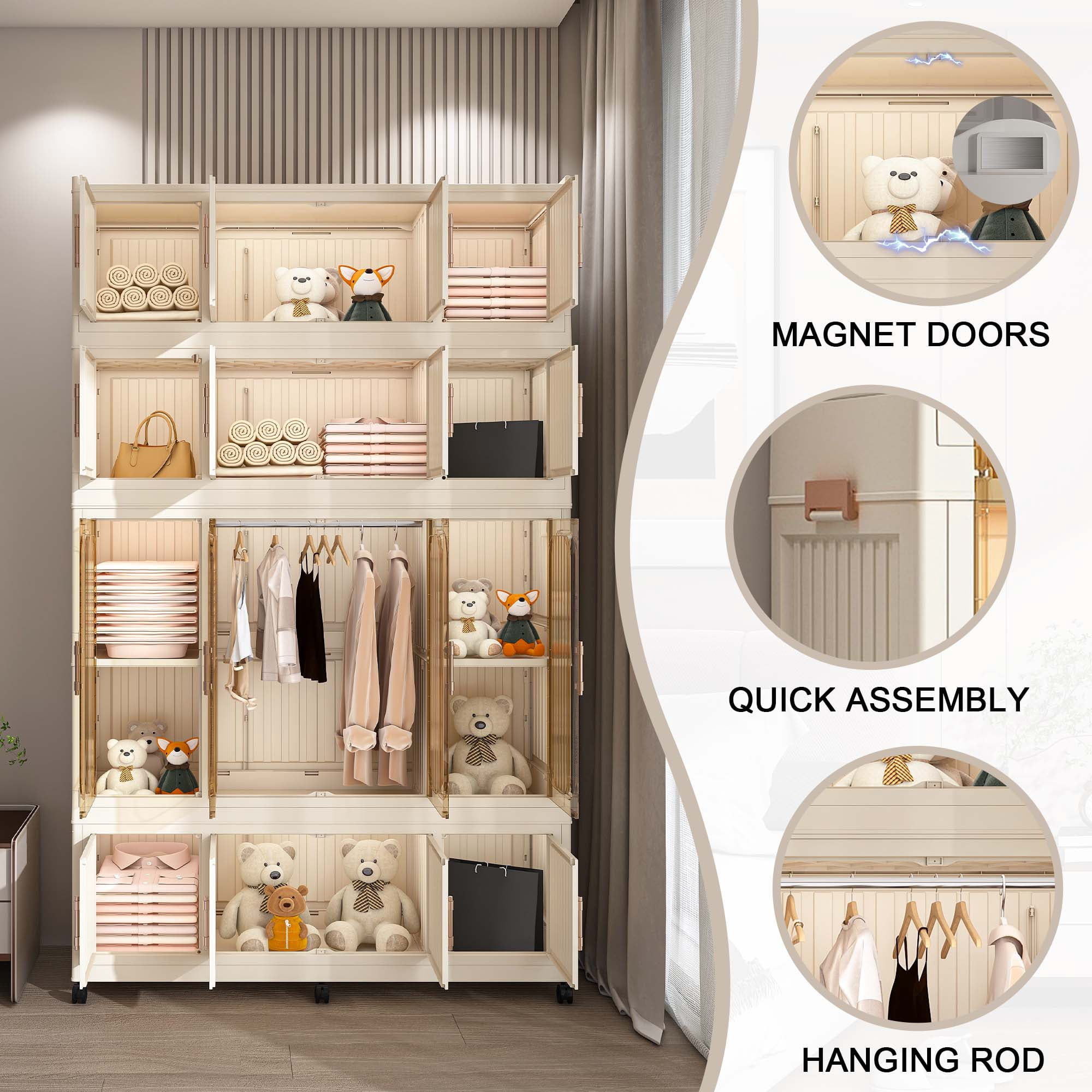 Miniyam 48.03" x 17.72" x 77.1" Includes 6 Hangers – Portable Wardrobe Closet – 17 Magnetic Doors with 17 Cubes & 1 Hanging Rod