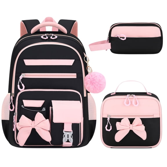 JUXIAO School Backpack, Large Capacity Lightweight Waterproof Daypack for College Students, Black and Pink
