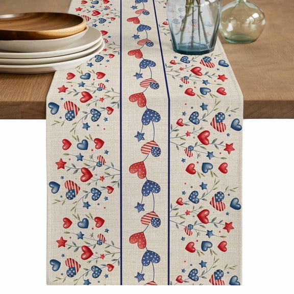 Table Runner 70 Inches Long for Kitchen Dining, Independence Day Dresser Scarf Farmhouse, Dining Table Decorations for Wedding/Parties, 4th of July Red Blue Strip Love Burlap 13 x 70 In