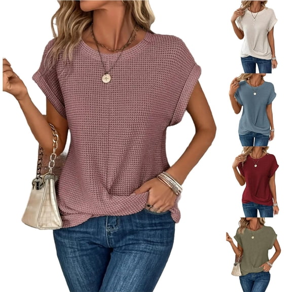 Elvqul Womens Crewneck Tops Wine Short Sleeve Blouses Spring Summer Pullover Waffle Knit Dressy Casual Shirts for Juniors Plain