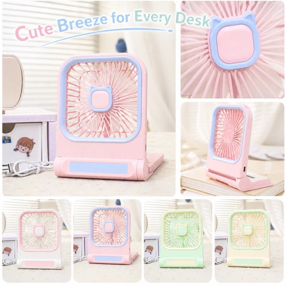 THOPBPRK Portable Desk Fan USB Rechargeable Personal Fan with Cute Cat Ear Design Square Wall Fan with 3 Speed Settings for Home Tables Outdoor Camping , 1Pack Green