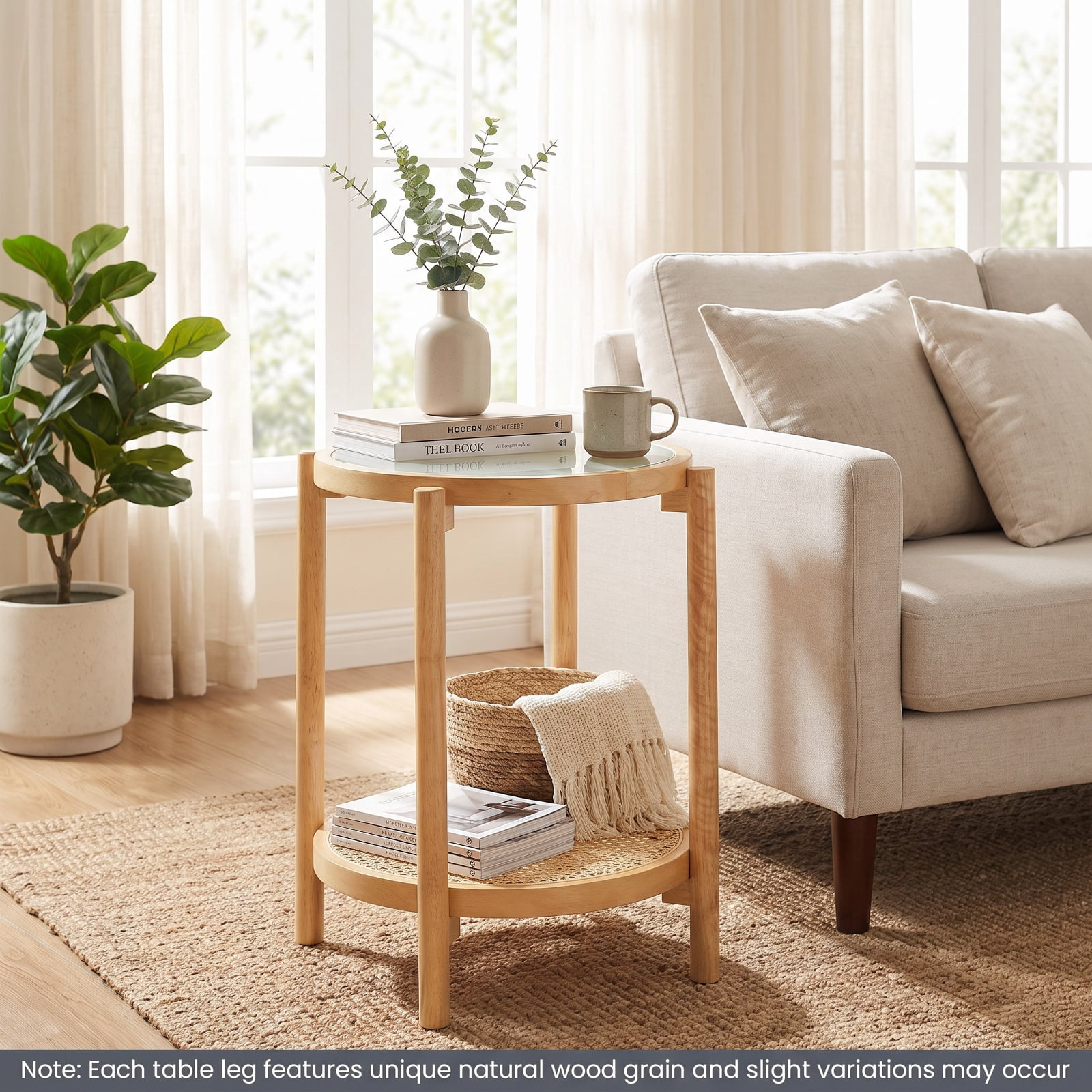 Furnibear Round Side Table 2 Tier Boho End Table with Tempered Glass Top and Woven Rattan Shelf on Acacia Wood Legs for Living Room, Natural