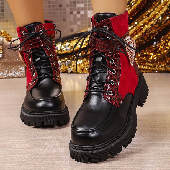 LEAVINGSUO Women's Ankle Boots Fashionable Multi Thick Soled High Soled Short Boots Red 36