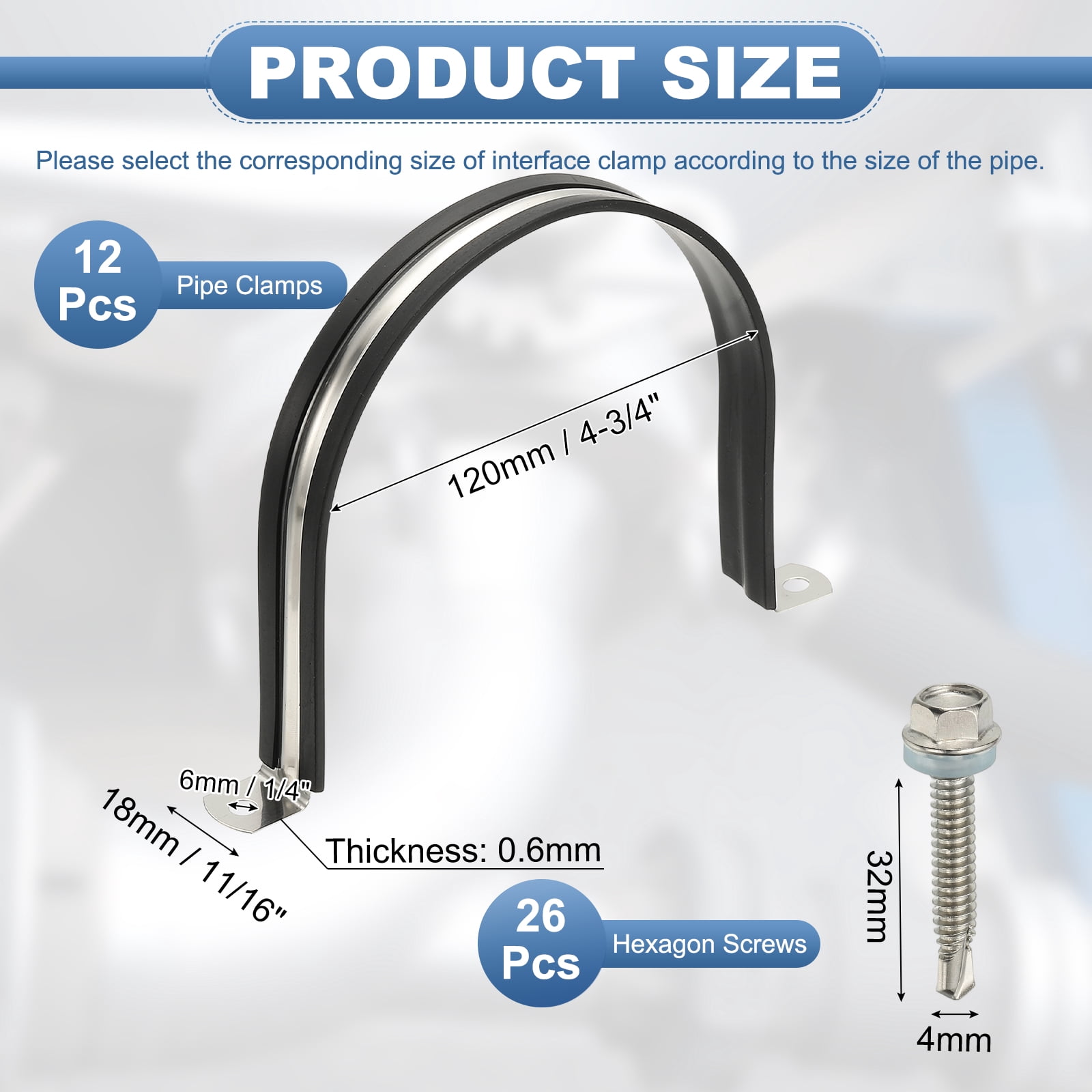 Uxcell 12Pcs Pipe Clamps, 4-3/4 Inch 304 Stainless Steel Rubber Cushioned U Bracket