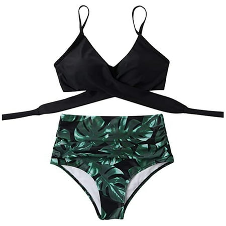 

VKEKIEO Two-Piece Sets Swimsuit Sport Bra Style Padded Green L