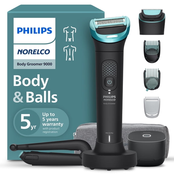 Philips Norelco Body Groomer 9000 Series, Body Hair Trimmer For Men & Intimate Shaver System with Uv Cube Cleaner & Adjustable Back Attachment, 100% Showerproof, BG9480/50