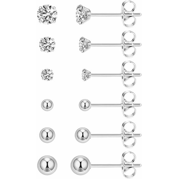Nmkwnr 6 Pairs Lightweight Ball Earrings Round Cubic Zirconia Earrings Stud 316L Stainless Steel Stud Earrings for Women, Silver