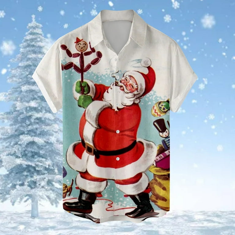 Mens T Shirts Short Sleeve Mens Tshirts Christmas Polyester Mens Vacation Shirt Mens Christmas Santa Gift 3D Digital Printing Button Lapel Shirt T