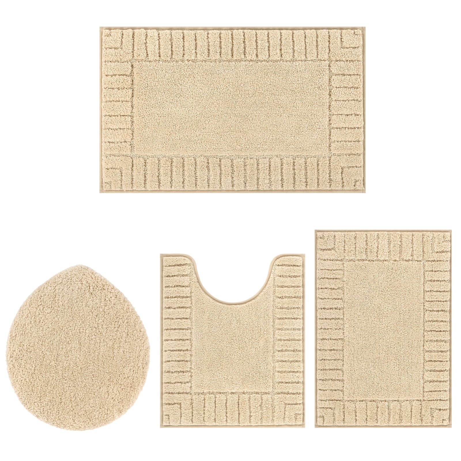 MeyJey Bathroom Rugs Set of 4 Piece, Bath Mats, Microfiber Non Slip Shaggy Ultra Soft Bathroom Runner with U Shaped Contour Toilet Mat for Bathroom, Shower Inside Floor, Beige