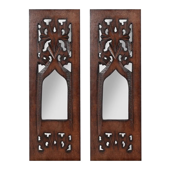 The Wooden Town Wall Hanging Plaques Wall Décor Jharokha With Mirror, Elegant Sculpture Wall Décor Panel to Enhance the Décor of Your Room or Office - 12x4 Inch - Burnt Set of 2