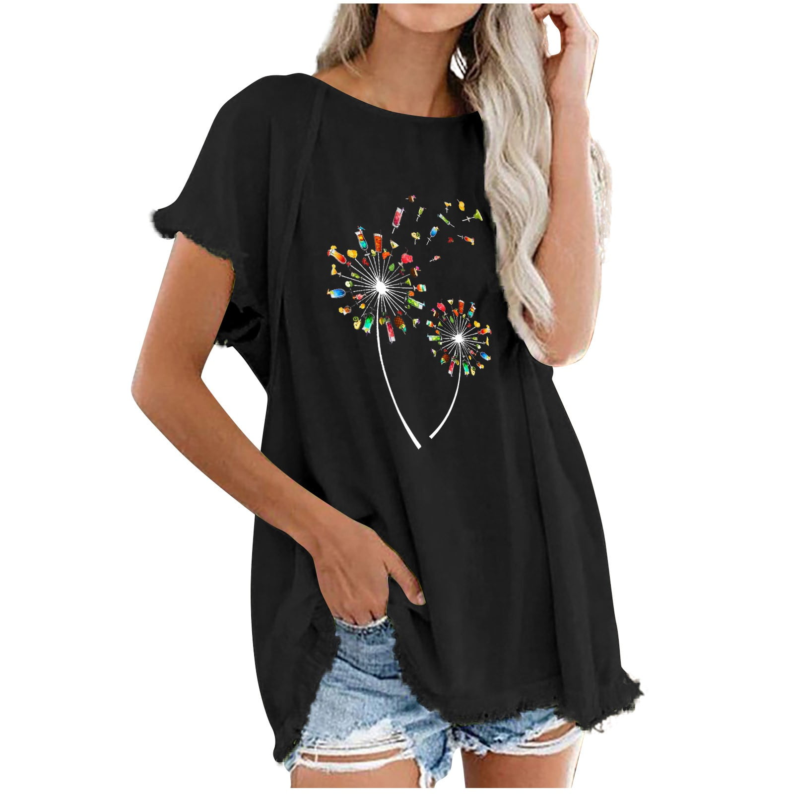 Short Sleeve T Shirts for Women 2023 Casual Loose Fit Tassel Hem