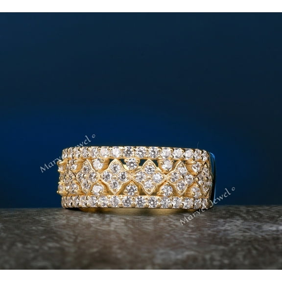 Half Eternity Diamond Wedding Band, Floral Cluster Filigree Diamond Engagement Ring, 2.3 Ct Simulated Diamond, 14K Yellow Gold Plated, Wide Shank Diamond Band