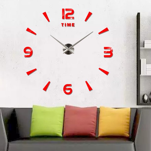 Frameless Mute DIY Wall Clock 3D Mirror Home Decor Stickers for Living Room Bedroom Office Red
