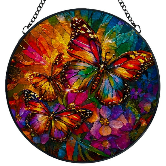 Stained Glass Suncatcher Panel Butterflies in Flower Sunshine Handmade Glass Wingdow Hanging Suncatcher Ornaments Crafts Kits for Memorial and Garden Indoor Decor 6.3"-3
