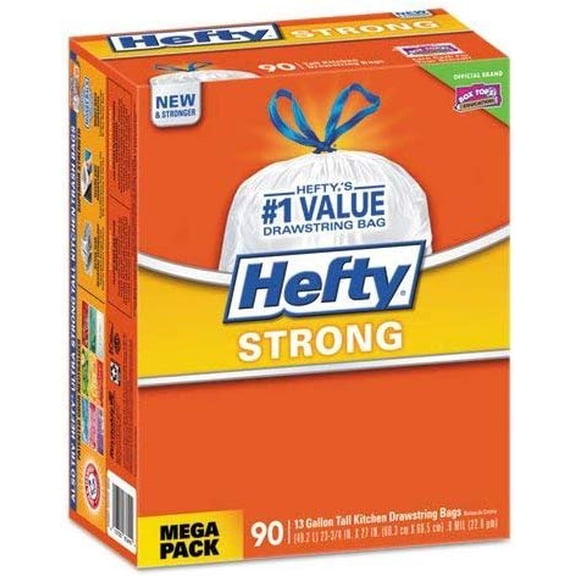 Hefty Strong Tall Kitchen Drawstring Bags - 13 Gal, 0.9 Mil, White, 90 Box