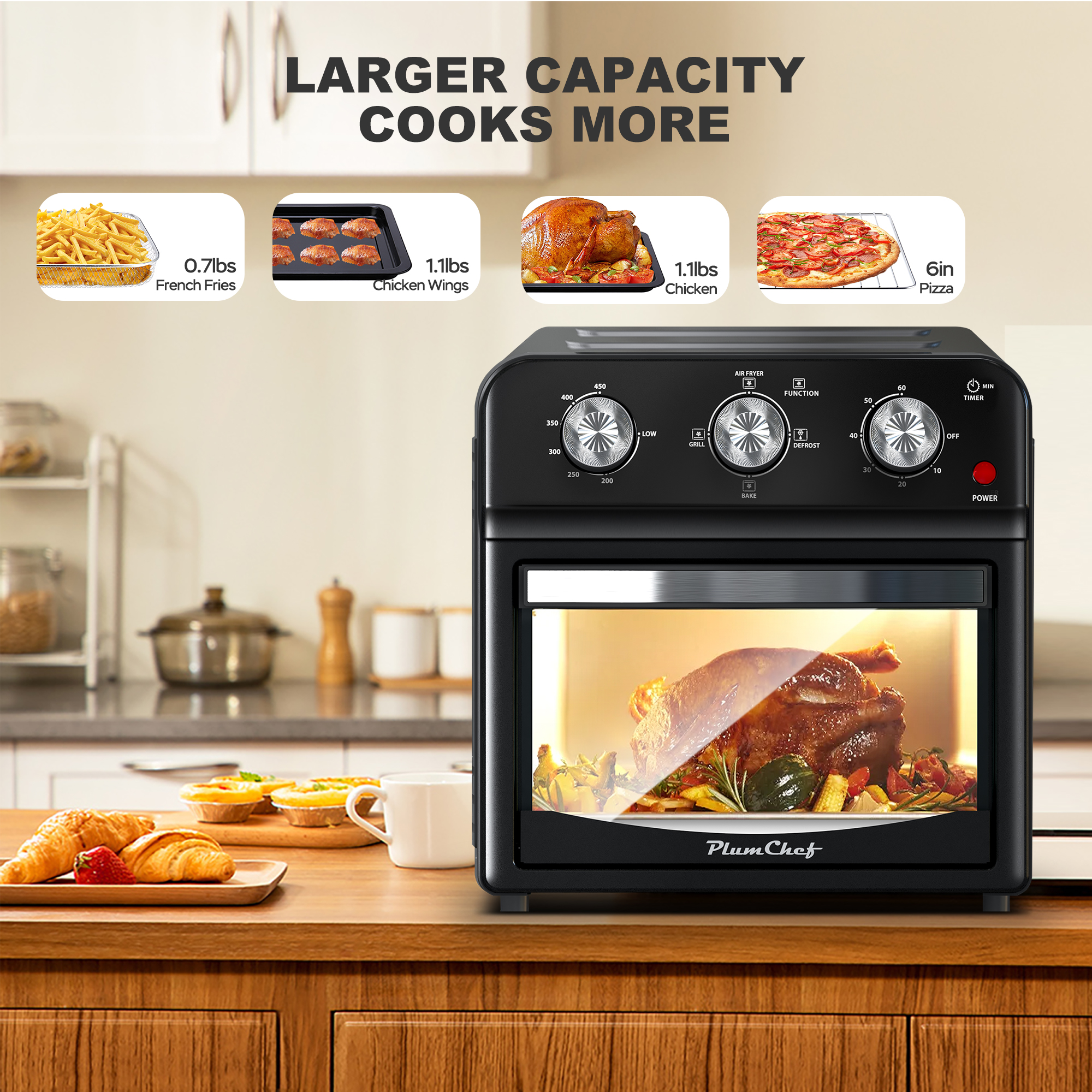 PlumChef 13 Quart 4 Slices Air Fryer Convection Toaster Oven, 1500W, 4 Cooking Modes, 7 in 1 Multifunction with Roast, Bake, Grill, Broil, Toast, Dehydrate, Defrost, Stainless Steel