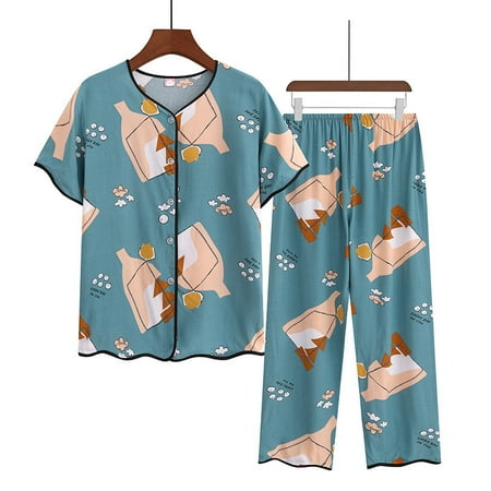 

Women s Summer Pajamas 2 Piece Casual Soft Printed Button down Short Sleeve Shirts and Pants Lounge Sets Sleepwear