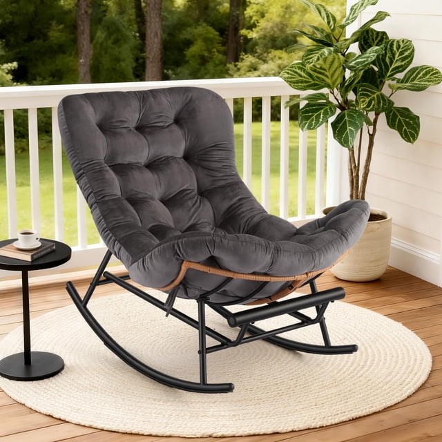 Papasan Rocking Chair with Foot Rest, Papasan Chair with Thick Removable Cushion and Metal Frame, Lounge Chairs and PE Rattan Rocker for Patio, Garden, Lawn, Living Room