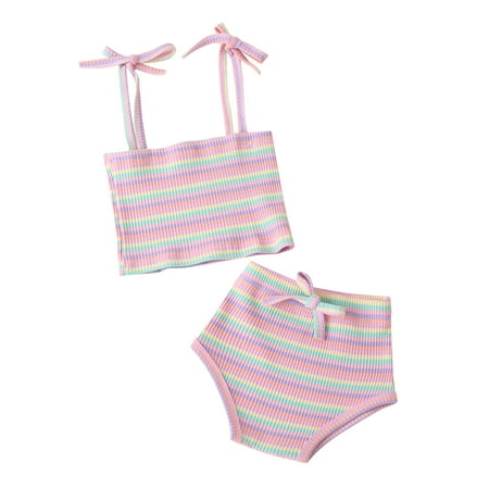 

DTBPRQ Newborn Toddler Baby Girls Summer Clothes Baby Bodysuit Set Rainbow Outfits Sleeveless Halter Tank Top Striped Top+ Bowknot Shorts 2PCS Outfits