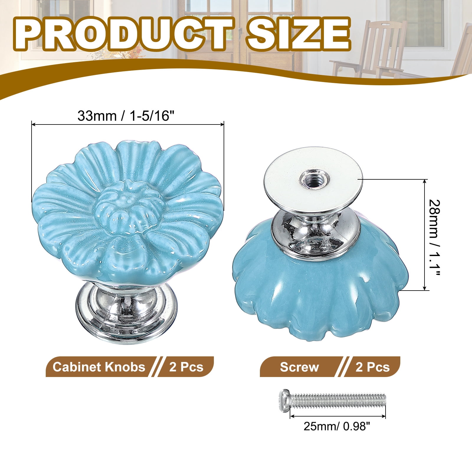 Uxcell Vintage Floral Cabinet Knobs Ceramic Round Drawer Knobs Dresser Knobs Door Hardware Pull Handles Blue 2