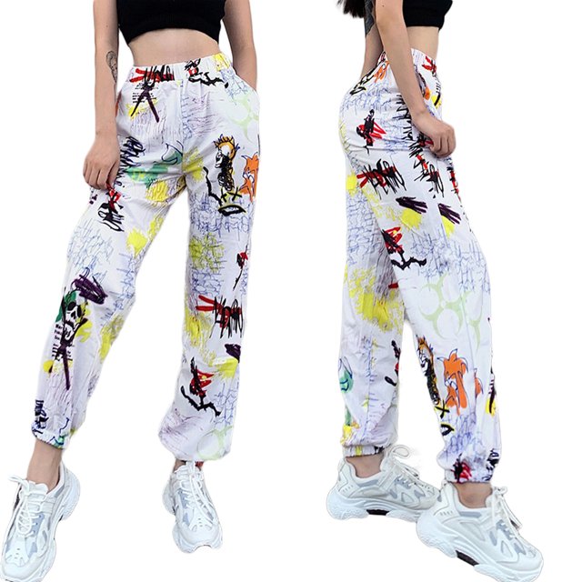 TRKIYQC Pantalones de Parte Inferior Cerrada para Mujer, Pantalones de Calle Elásticos de Cintura Alta con Estampado de Graffiti Blanco con Bolsillos TRKIYQC moda