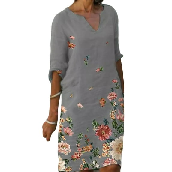 UKAP Vintage Half Sleeve Shift Dresses for Women V-Neck Cotton Linen Paisley Loose Casual T-Shirt Dress Kaftan Baggy Beach Long Sundress
