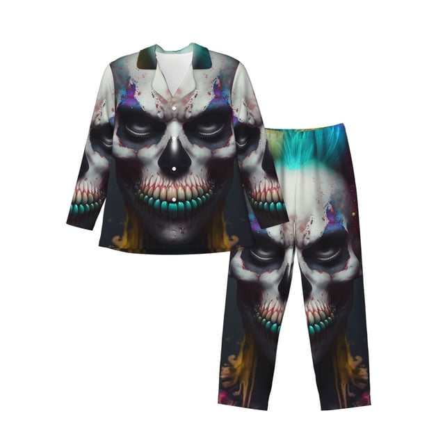 Balery Modern Abstract Colorful Skull C Pijama para Hombre de Dos Piezas con Manga Larga, Conjunto de Dormir y Descanso Suave con Bolsillos-Large
