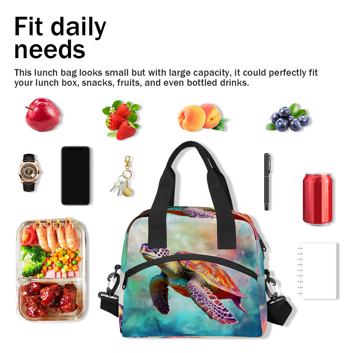 Herdesigns Ocean Turtle Insulated Lunch Bag for Women Men Adults Large Reusable Lunch Box Sea Turtle Leakproof Cooler Tote Bags with Adjustable Shoulder Strap