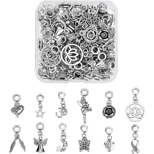 72 dijes para pulsera de cadena de serpiente, 12 estilos de cuentas con colgantes europeos, dijes colgantes de plata.