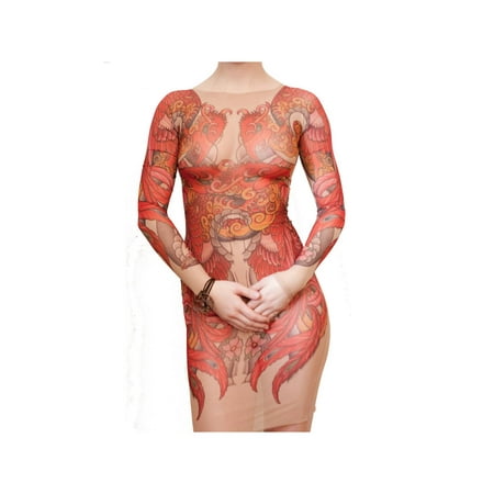 - Wild Rose Tattoo Mesh Dress, Full Body Tattoo Sleeve Back Illusion, Phoenix, Tan