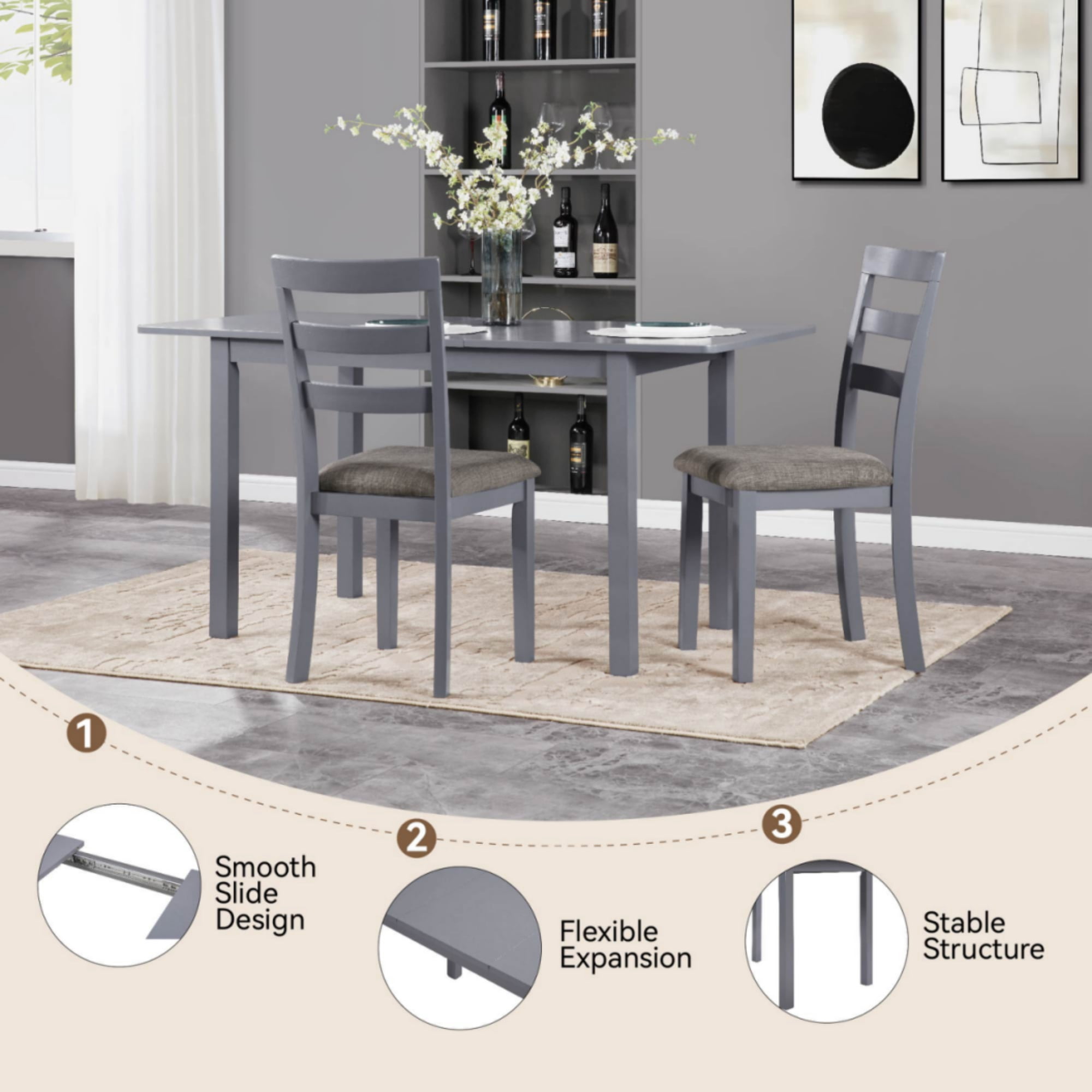 GARITIN 59-Inch Extendable Dining Table for 4-8, Modern Wooden Expandable Kitchen Table with Smooth Sliding Mechanism, Space-Saving Dining Room Table for Small Space Home Living Room Office, Gray