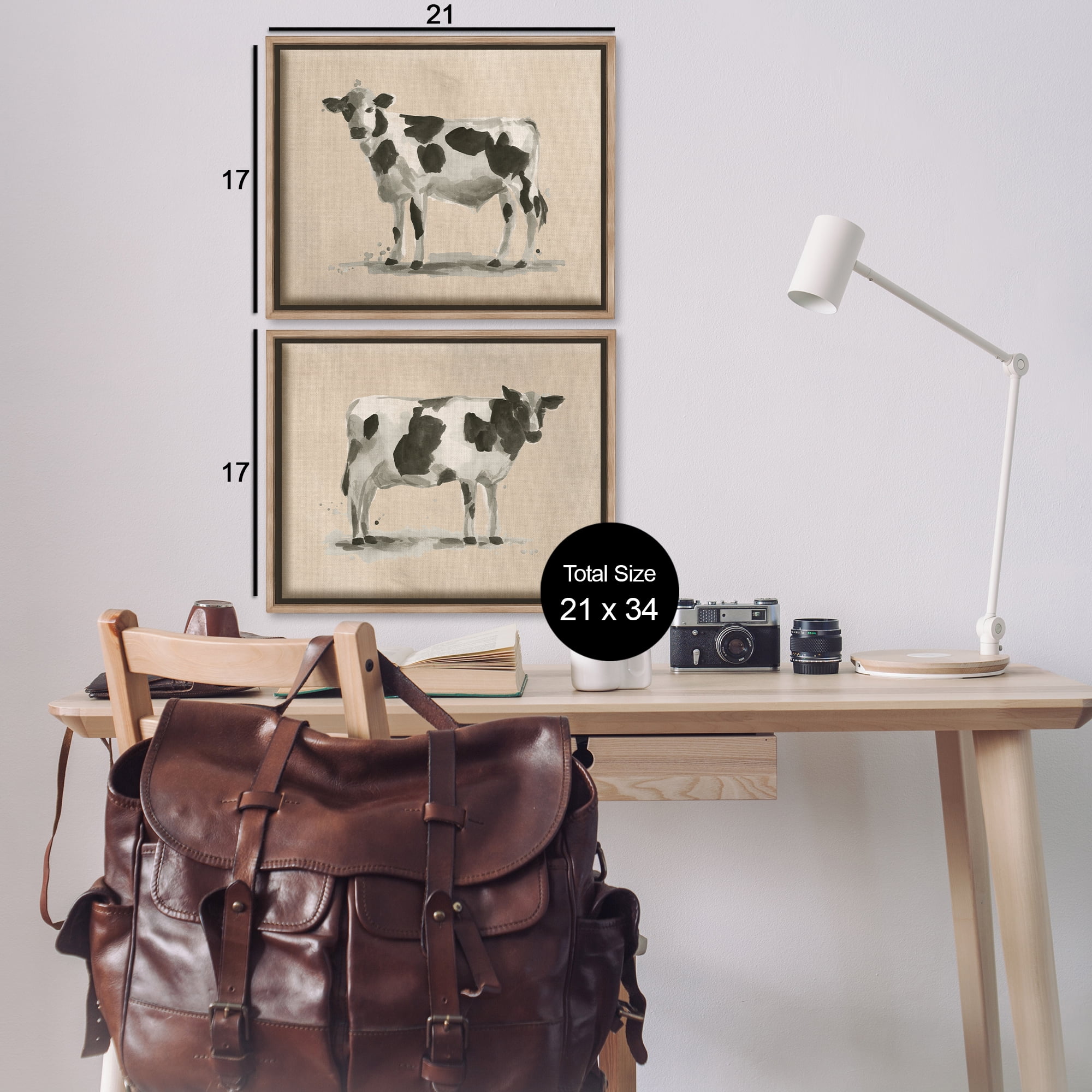Stupell Industries Beige Holstein Cow Portrait Animals Painting Brown Floater Framed Canvas Art Print Wall Art, 21 x 17, Set of 2