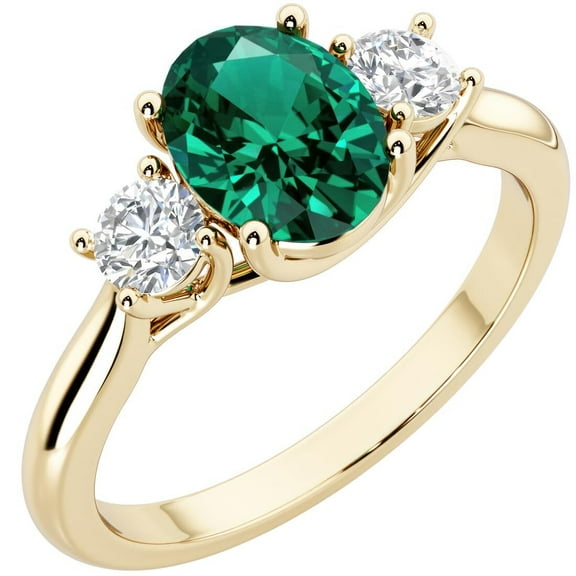 PEORA 14K Yellow Gold Oval Created Emerald and Lab Grown Diamond 3 Stone Trellis Ring, 1.30 Carats total, Size 9