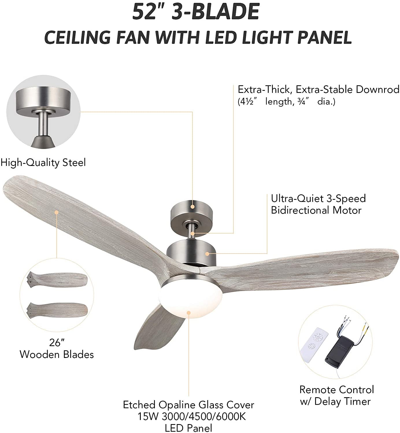 UL Listed 52” Ceiling Fan Light Brushed Nickel Finish w/ 3 White Walnut Blades. 